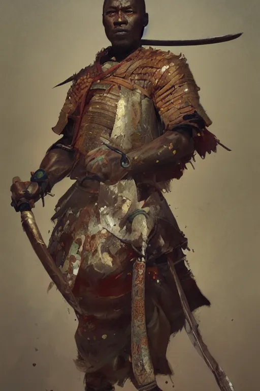 Prompt: a full body fantasty portrat, oil painting, illustration of an old African samurai, by Justin Sweet and Greg Rutkowski and Alphones Much
