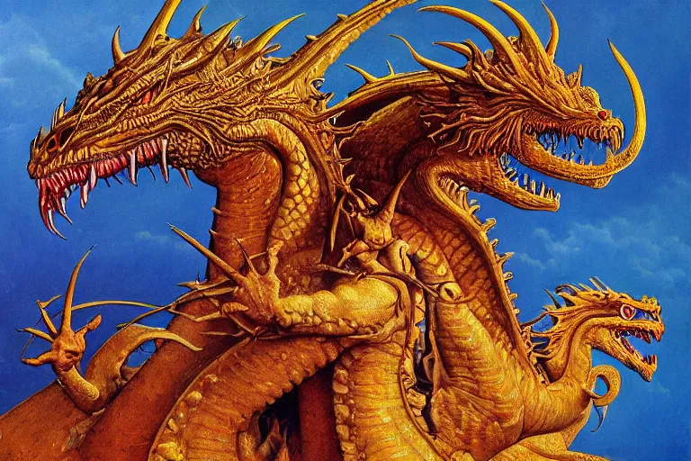 Image similar to oil painting, super - detailed scene of two headed dragon where one head is donald trump and the other is vladimir putin, japanese sci - fi books art, artwork by jean giraud and zdzislaw beksinski and alphonse mucha and hr giger, hd, 4 k, high quality