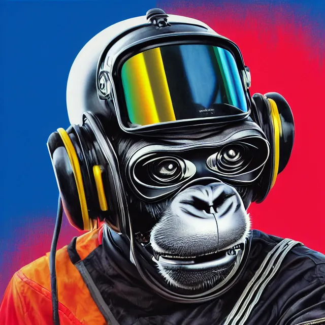 Image similar to a portrait of an anthropomorphic cyberpunk chimp in a racing helmet by sandra chevrier, detailed render, tape deck, boombox, headphones, epic composition, cybernetics, 4 k realistic, cryengine, realistic shaded lighting, sharp focus, masterpiece, by matteo scalera, gary montalbano, peter elson in the style of the tokyo ghost comic