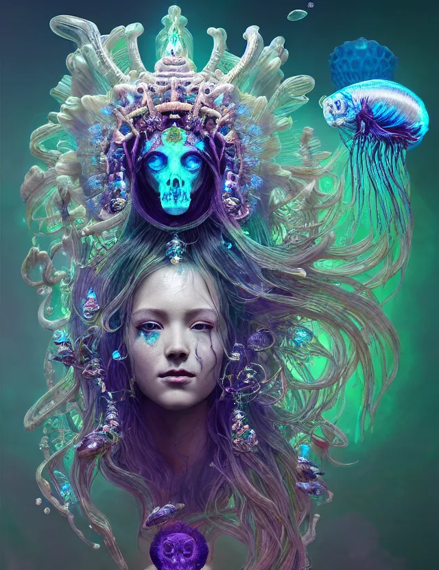 Image similar to goddess macro 3 / 4 profile portrait with crown made of ram skull. betta fish, jellyfish phoenix, bioluminiscent, plasma, ice, water, wind, creature, super intricate ornaments artwork by tooth wu and wlop and beeple and greg rutkowski