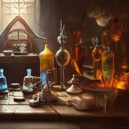 Image similar to hyper realistic, table, wizards laboratory, lisa parker, tony sart, mortar, pestle, scales with magic powder, energy flowing, magic book, beakers of colored liquid, greg rutkowski