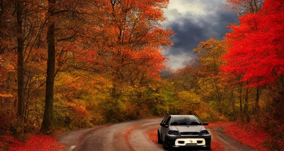 Prompt: a beutiful detailed matte painting of a mitsubishi lancer evolution driving through a dreamy autumn north eastern twist and turn back road