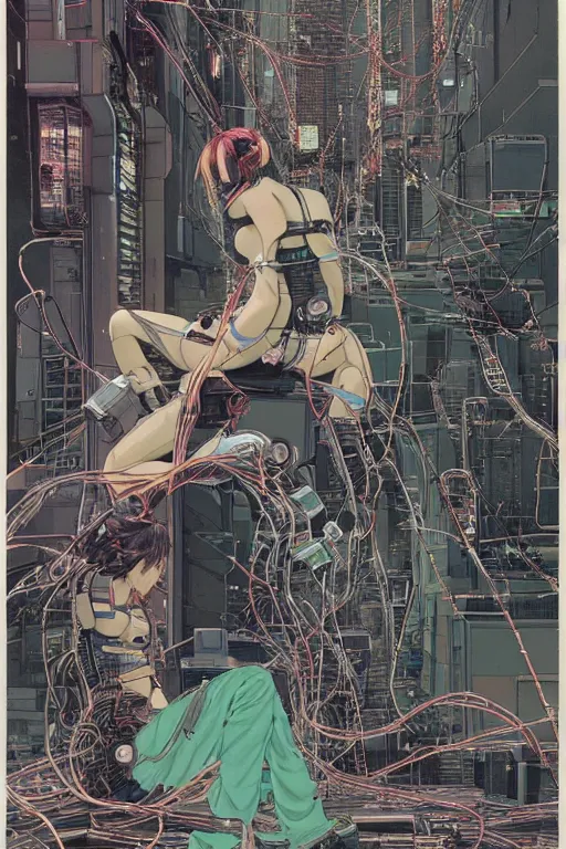 Image similar to an hyper-detailed cyberpunk illustration of a female android seated on the floor in a tech labor, seen from the side with her body open showing cables and wires coming out, by masamune shirow, and katsuhiro otomo, japan, 1980s, centered, colorful