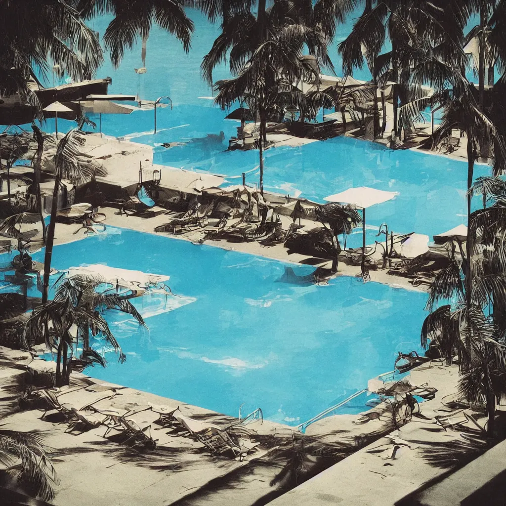 Image similar to nostalgia by the poolside, album cover, no text, no watermarks, graphics