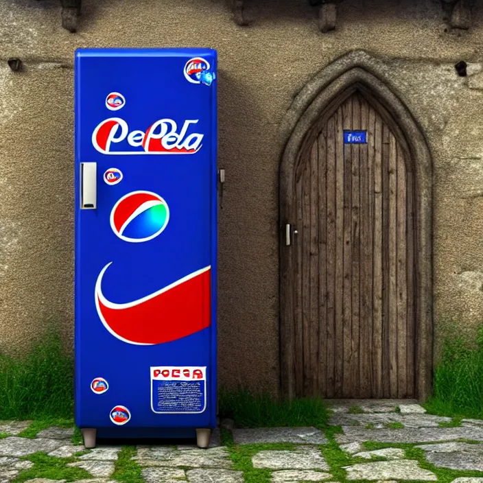 Image similar to pepsi vending machine outside a medieval house in a fantasy village. extremely high details, realistic, fantasy art, cinematic, octane render, volumetric lighting, depth of field, bokeh, masterpiece, artstation contest winner, art by johannen voss, frank frazetta