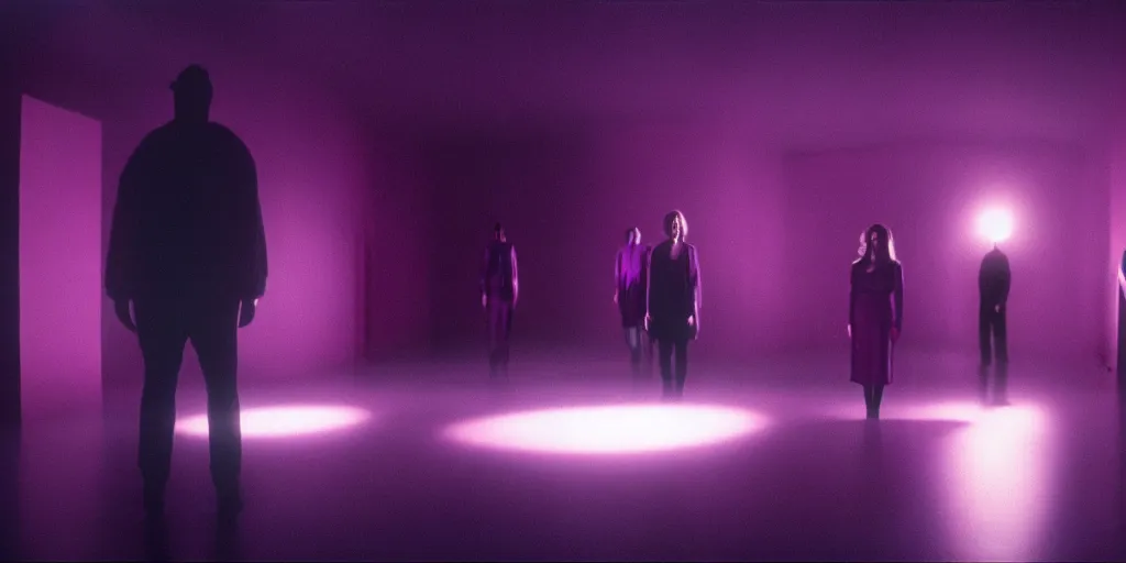 Image similar to cinestill of a giant form made of purple wax float through the living room film still from the movie directed by denis villeneuve with art direction, pouring rain menacing lights shadows, 8 k, hd, high resolution, 3 5 mm, f / 3 2, ultra realistic faces, lost highway