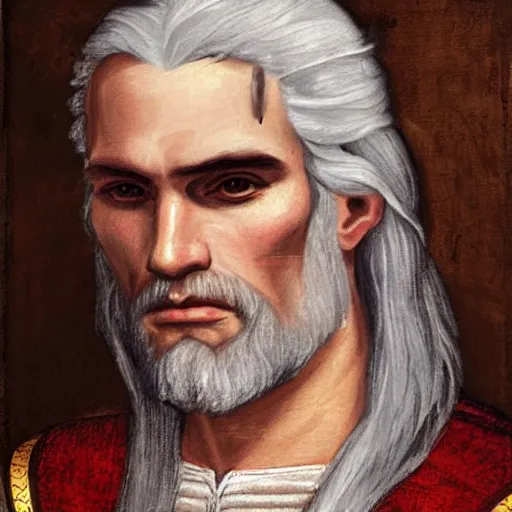 Image similar to a renaissance style portrait painting of Geralt de Rivia