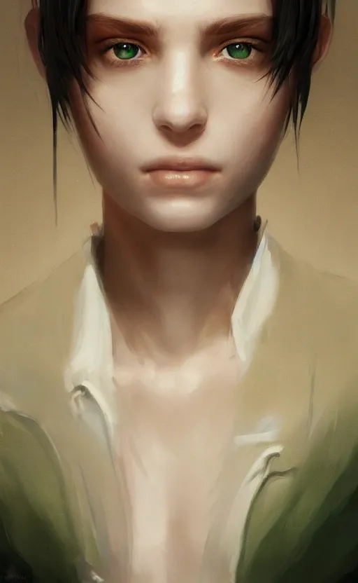 Image similar to upper body portrait of a girl from final fantasy live action, with short black hair and green eyes in a tan trenchcoat over a white shirt, award winning, masterpiece digital painting by greg rutkowski, alex grey, artstation, 4 k wallpaper,