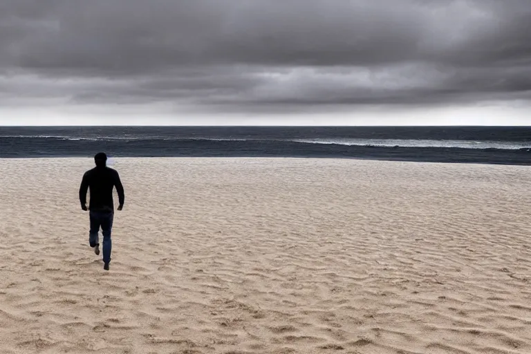 Image similar to a cinematic wide angle shot of a man in his early twenties walking on the sand towards the camera with his head down, sea behind him, in the 2 0 2 1 movie dune, the sand is in the form of a wave, stormy weather, dry, film still, cinematic, dramatic lighting, blue color theme, by zack snyder