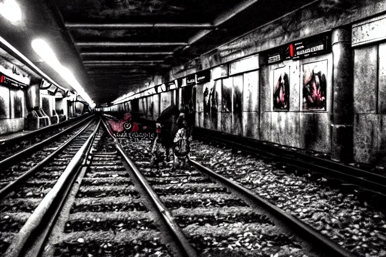 Prompt: very large giant mutant zombie irradiated angry rat sraying on railways in tonnel of moscow subway. extreme high detail. low dark light, scary atmosphere.