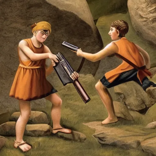 Image similar to schoolbook image of ancient humans discovering guns near a rock.