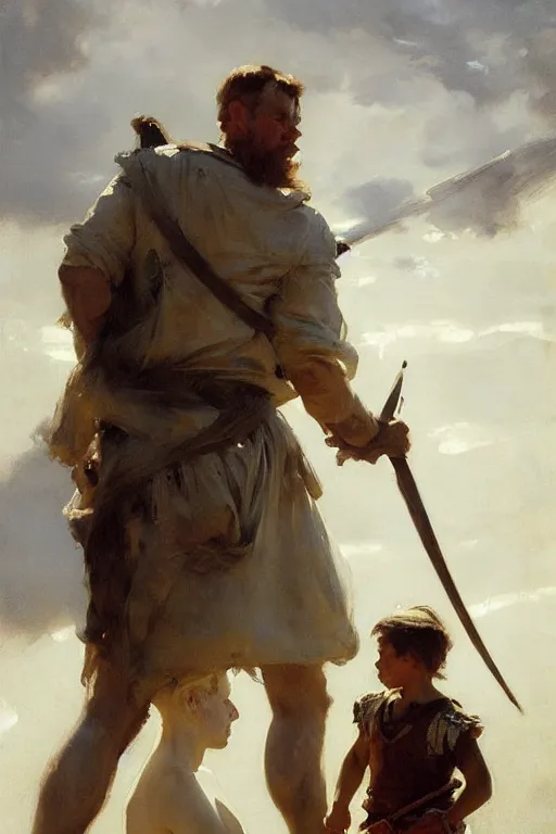 Image similar to portrait david and goliath by anders zorn, wonderful masterpiece by greg rutkowski, beautiful cinematic light, american romanticism by greg manchess, jessica rossier