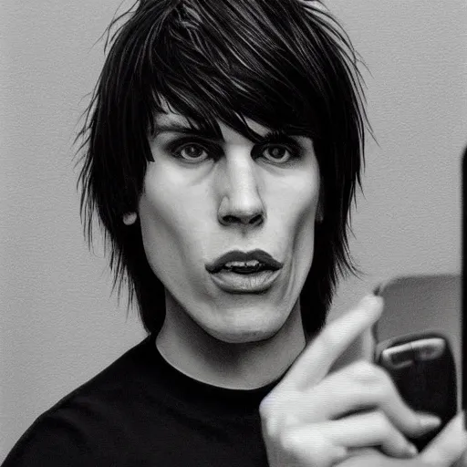 Prompt: A photograph of Jerma in the late 2000s with an emo haircut taking a selfie of himself in his new Interpol shirt, frowny face, taken in the late 2000s, taken on the iPhone 1, realistic, hyperrealistic, very realistic, highly detailed, very detailed, extremely detailed, detailed, oil painting, digital art, trending on artstation