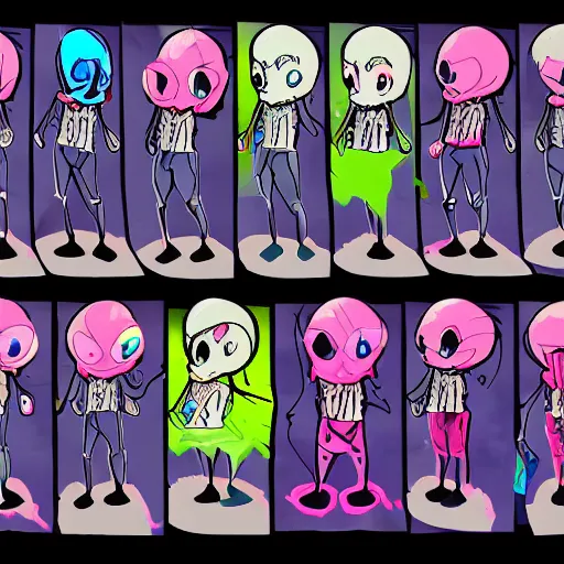 Image similar to character design sheets for a new vampire squid character, artwork in the style of splatoon from nintendo, art by tim schafer from double fine studios, black light, neon, spray paint, punk outfit, tall thin toothpick like frame adult character, fully clothed, gothic, color explosion, sparkles and glitter, pop art