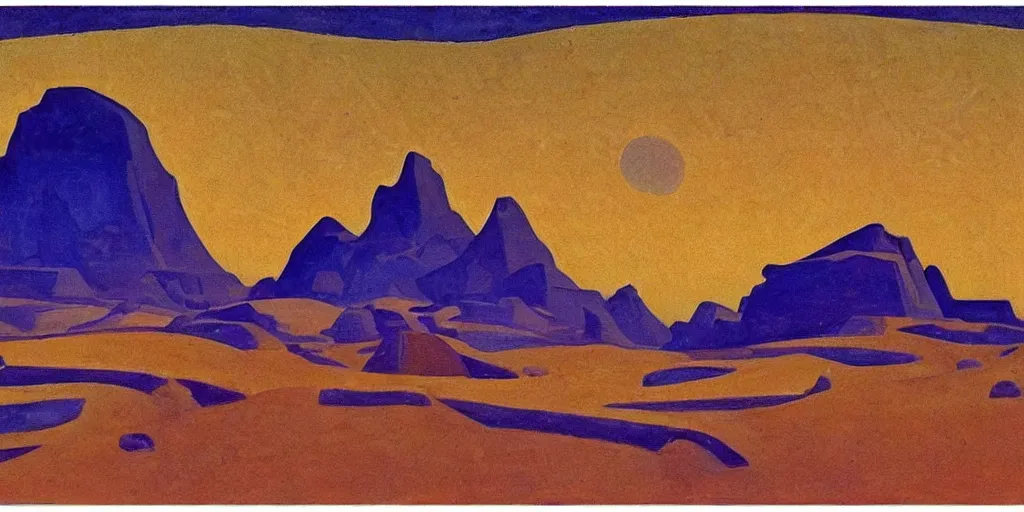 Prompt: martian landscape by nicholas roerich,