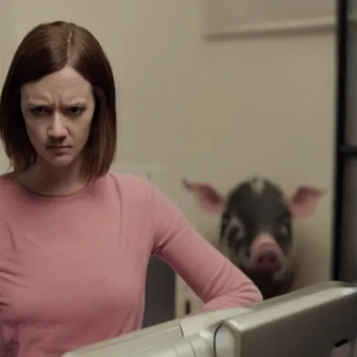 Image similar to black mirror, season 1, episode 1, pig imagery, crying woman