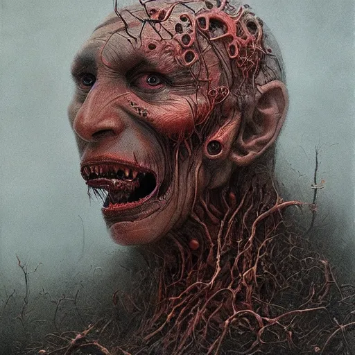 Prompt: rotten worm with face of vladimir putin face made of worms demonic horror, dark fantasy, intricate, highly detailed, smooth, artstation, painted by wayne barlowe, greg rutkowski, zdislav beksinski, francis bacon