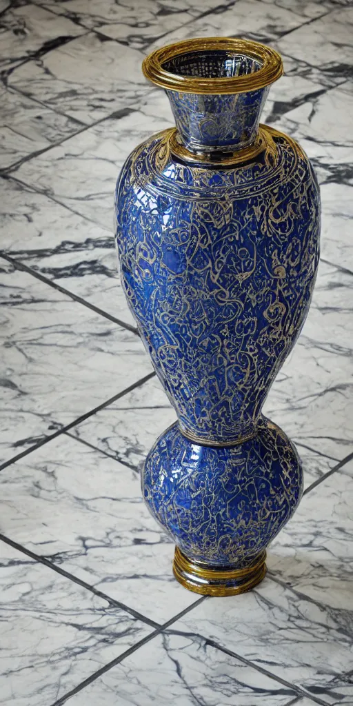 Image similar to an ornate baroque vase breaking on the marble tile floor, exploding into dust, dark - blue light - blue gold silver white black beige, volumetric dust rays, intricate detail, ultra realistic, cinematic lighting, moody, wet, shiny