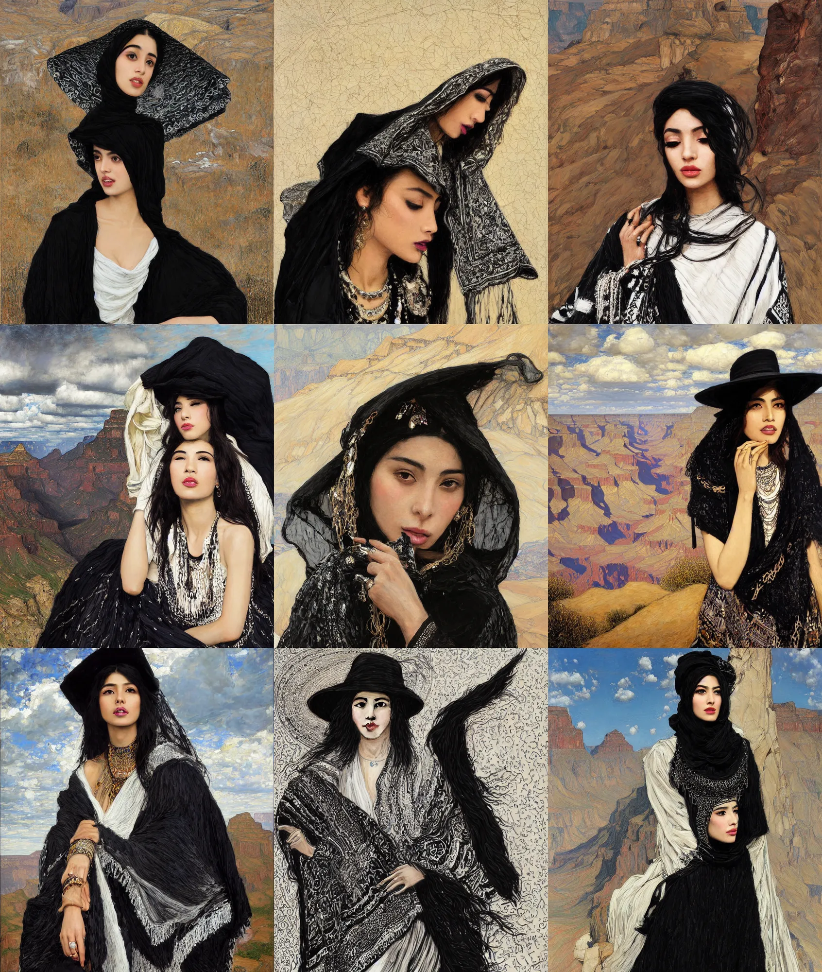 Prompt: portrait of single fashionable young iranian asian woman wearing rich jewerly hat and black and white boho poncho with, on extremely strong wind, in elegant decollete, dark make up, sitting dynamic pose, Low poly, thunder clouds in the sky, grand canyon, artwork by john william waterhouse and Denis Sarazhin and klimt and rhads and Dean Ellis and Detmold Charles Maurice, levitation, industrial rusty pipes, simple form, brutal shapes