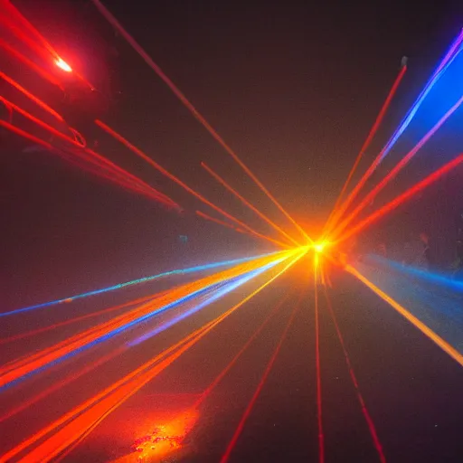 Prompt: giant group bodies, smoke lasers, darkness, from behind, wide angle, elaborate, smoke, red dot, orange line, blue mist, highly detailed, beautiful lighting
