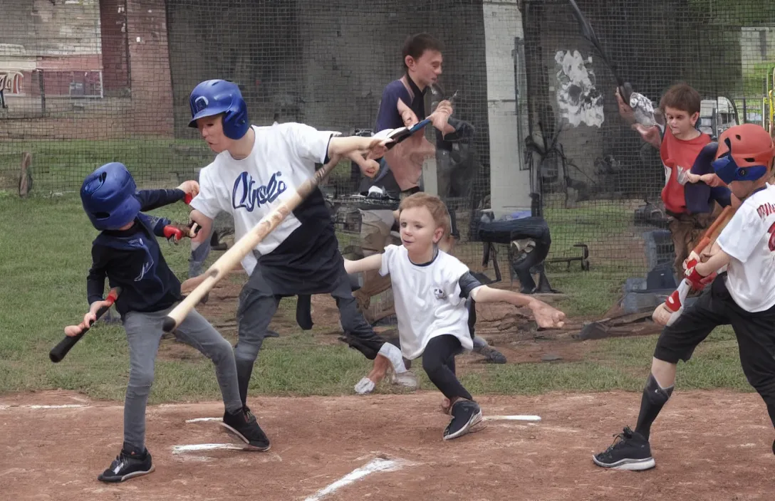 Prompt: Jerma hitting one kid with an aluminum baseball bat