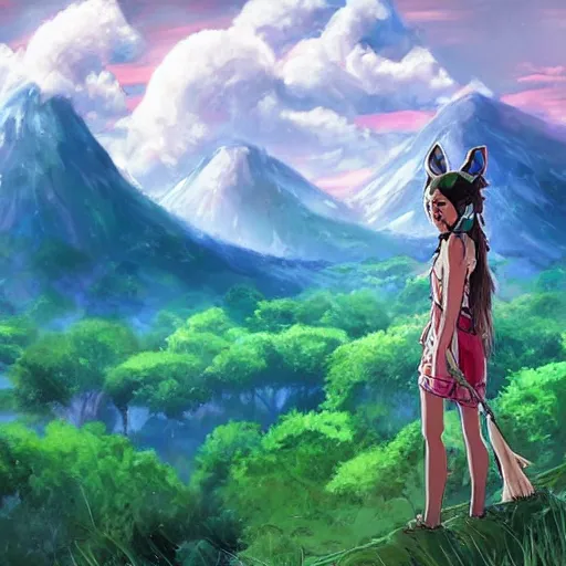 Image similar to “Zendaya, Mononoke-hime style, cartoon, blue sky with white clouds green hills and mountains on the background, fantasy, photorealistic, concept Art, ultra detailed portrait, 4k resolution”