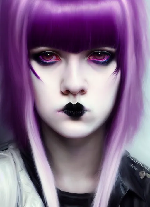 Image similar to portrait of white teenage girl, normal face, white bangs, mall goth, cyberlox, black and white hair, bangs, fluffy bangs, red contact lenses, purple lipstick, intricate, elegant, highly detailed, digital painting, artstation, concept art, sharp focus, smooth, illustration, art by wlop, mars ravelo and greg rutkowski