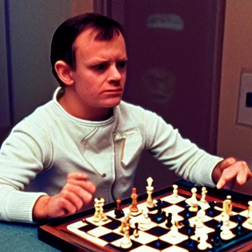 Image similar to Space odyssey astronaut playing chess in the shining by stanley kubrick, shot by 35mm film color photography