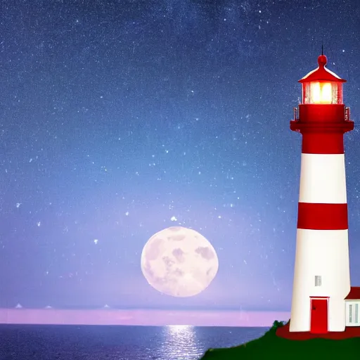 Image similar to A realistic photo of A red and white striped lighthouse shining out onto the sea; a white house with a red roof with the lights on inside; thin dark trees behind; nighttime with stars behind; full moon