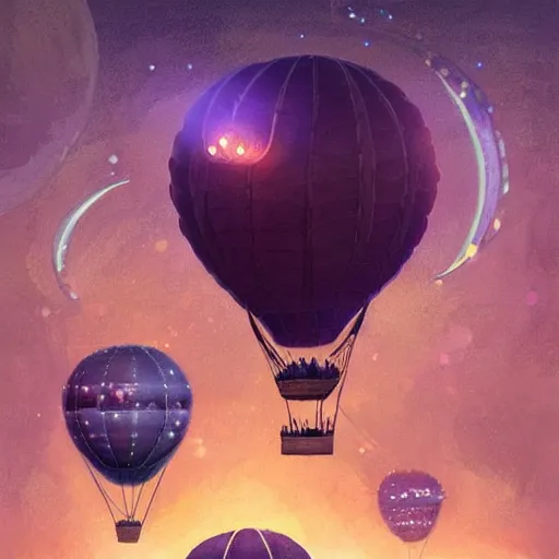 Prompt: a beautiful stunning fantasy whimsical matte digital illustration of a hot - air balloon race at night by marc simonetti, pastel color palette, disney steampunk, chiaroscuro magical bokeh moon stars, trending on artstation hq, masterpiece