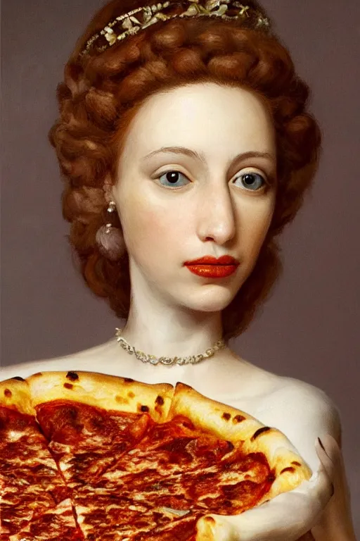 Image similar to a highly detailed queen margherita ( savoy ) eating!!! a pizza! margherita, full body, detailed painting by arturo faldi, trending on deviantart, octane, masterpiece