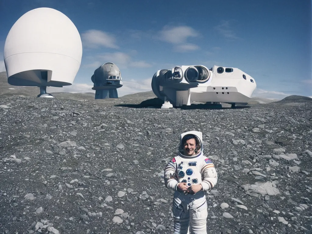 Prompt: tourist astronaut visiting the Isle of Harris, Scotland, a spaceship in the background, 35 mm lens, large format camera, photorealistic