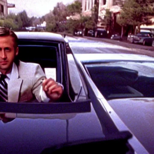 Image similar to ryan gosling driving a mustang, in american psycho ( 1 9 9 9 )