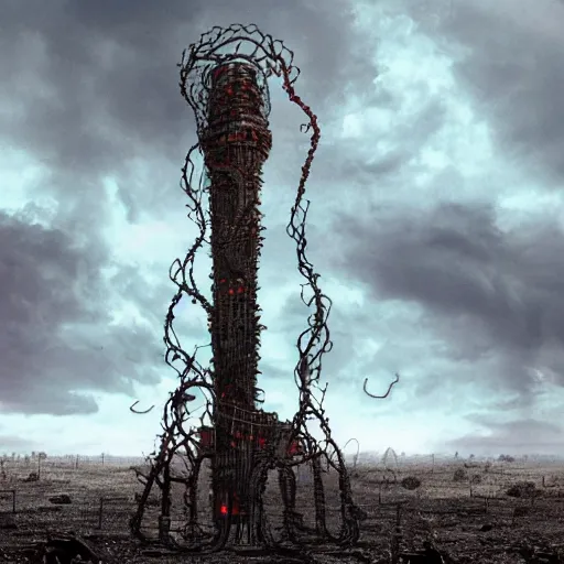 Image similar to giant evil bio-organic fleshy complex machine tower with tendrils and one eyeball at the top looking over a stormy post-apocalyptic wasteland, dystopian art