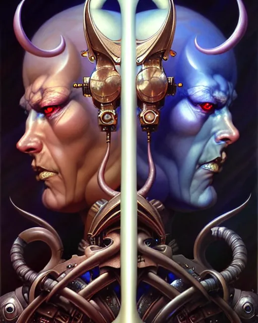 Image similar to beautiful gemini good and evil fantasy character portrait, ultra realistic, wide angle, intricate details, the fifth element artifacts, highly detailed by peter mohrbacher, hajime sorayama, wayne barlowe, boris vallejo, aaron horkey, gaston bussiere, craig mullins