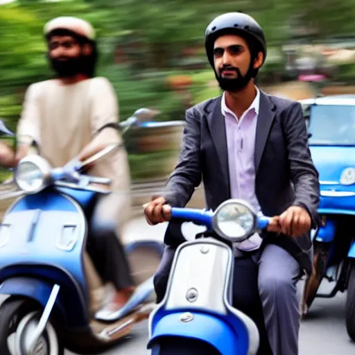 Prompt: a rich arab prince riding a vespa in heavy traffic