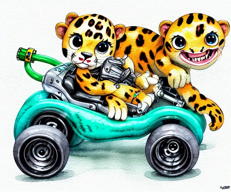 Image similar to cute and funny, baby leopard riding in a tiny go kart with oversized engine, ratfink style by ed roth, centered award winning watercolor pen illustration, isometric illustration by chihiro iwasaki, edited by range murata, tiny details by artgerm and watercolor girl, symmetrically isometrically centered