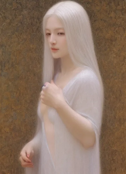 Prompt: thin young beautiful girl with silver hair, pale!, wearing white robes!, wearing hair, golden goddess, young cute wan korean face, silver hair!!, oil on canvas, style of jean delville, 4 k resolution, aesthetic!,