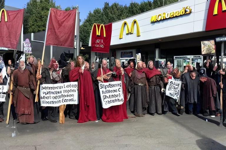 Prompt: cellphone photograph of lord of the rings uruk - hai and orcs protesting the working conditions at a mcdonalds parking lot in the daylight. dirty mcdonalds uniforms, aprons. picket signs and battleaxes in hand