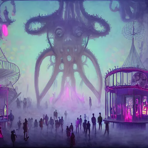 Image similar to ultra realist soft painting render of a curiosities carnival in loveraftian universe, horror, omnious sky, deep fog, tiny lurking tentacles, crowded silhouettes, symmetry accurate features, very intricate details, purple gold cyan color palette, masterpiece award winning,, volumetric light clouds