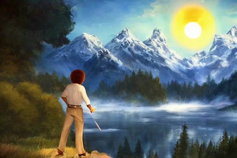 Image similar to bob ross with wings, beatiful place, mountains in background, dynamic lighting, cinematic lighting, clear sky, sun set