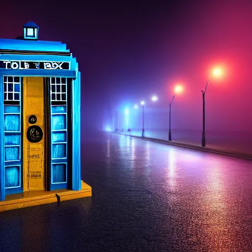 Image similar to a hyperdetailed photograph of the tardis sat on a futuristic street corner, night, dense fog, rain, hd, 8 k resolution