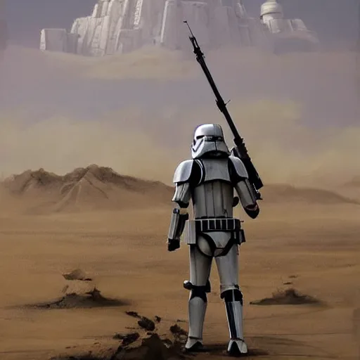 Image similar to far away shot of an imperial stormtrooper in battle position ready to shoot his blaster concept art by Doug Chiang cinematic, realistic painting, high definition, very detailed, extremely high detail, photo realistic, concept art, the Mandalorian concept art style