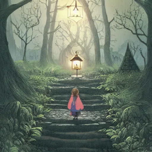 Prompt: in a dark forest, a small girl with a lantern finds a path leading to a strange castle.