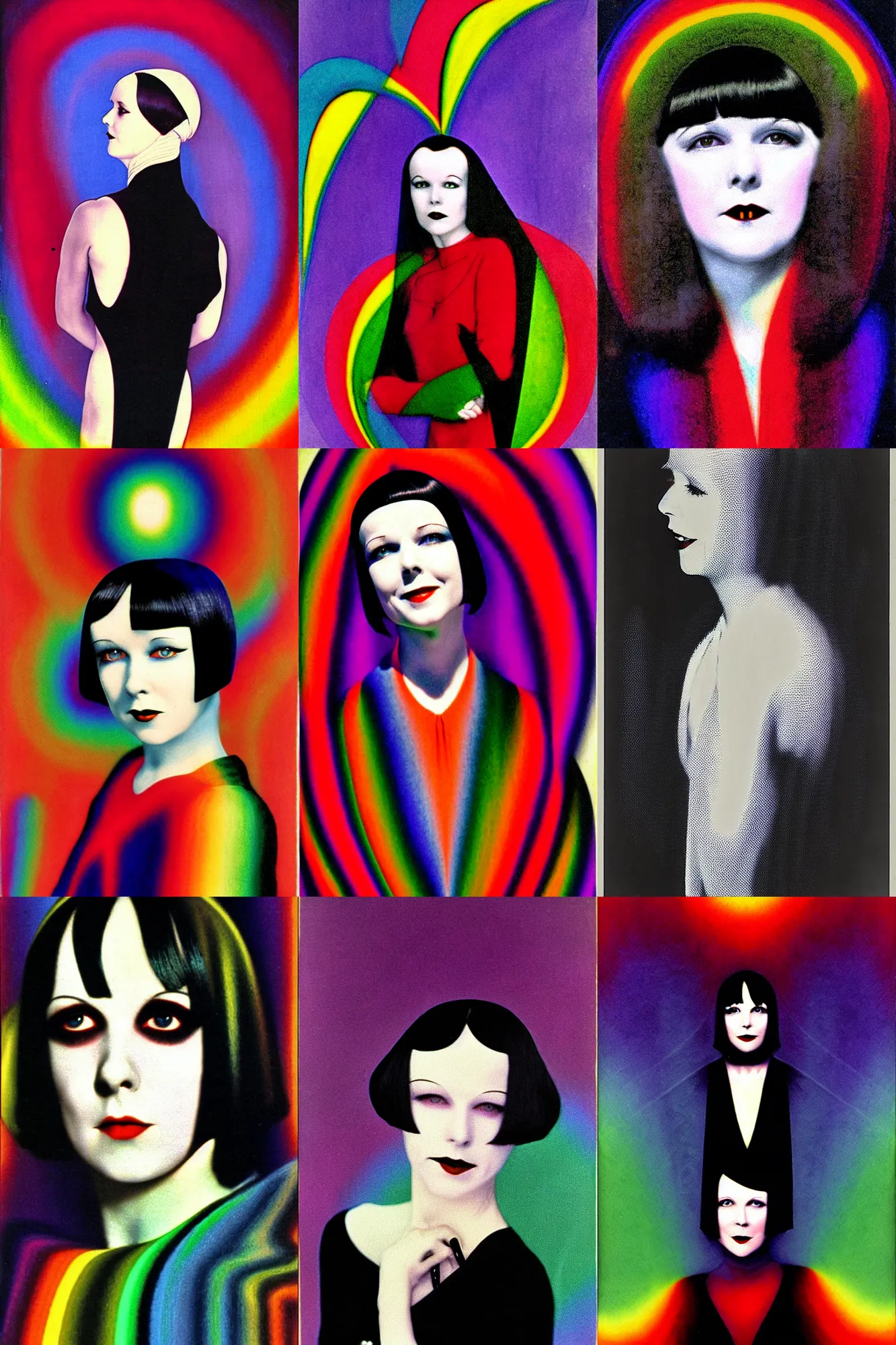 Prompt: portrait of 2 2 yeard old mary louise brooks as a vampire, op art, rainbow, 1 9 2 0 s