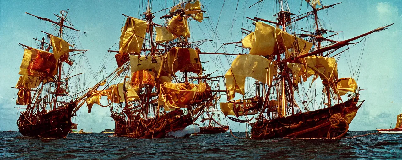 Image similar to pirate ship with spaghetti treasure, aboard a sailboat, caribbean, in the style of galen rowell, 1 7 0 0 s, canon 2 0 mm, kodachrome