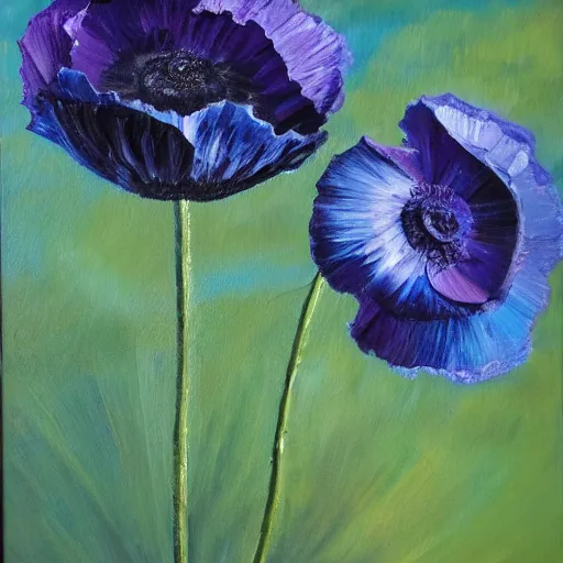 Image similar to black blue and purple papaver flower, oil painting