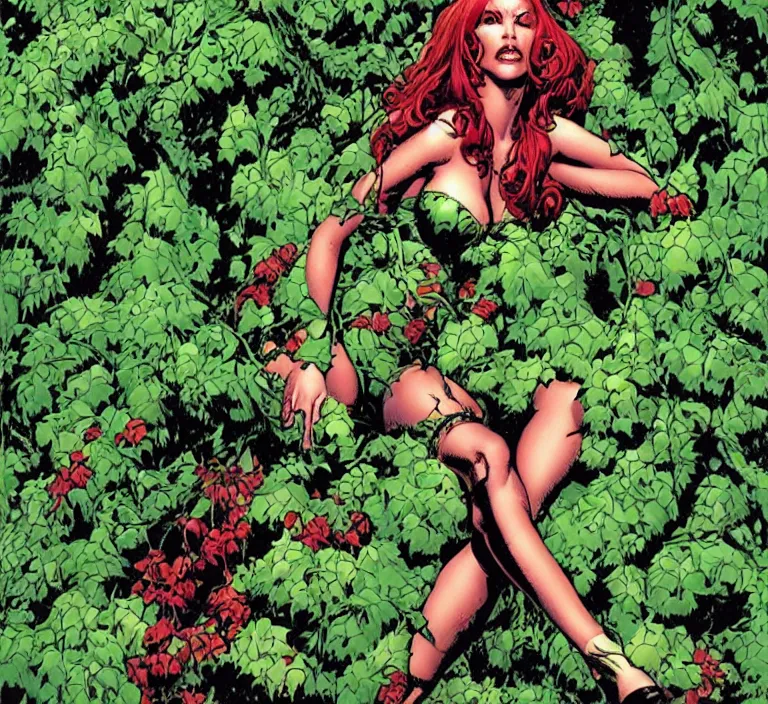 Image similar to dc comics poison ivy character sitting in a throne made of vines, giant venus fly traps, art by joe chiodo, travis charest