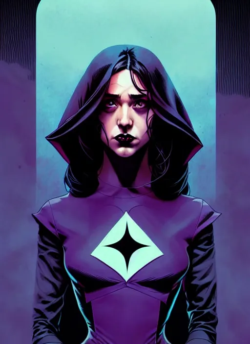 Image similar to rafael albuquerque comic cover art, artgerm, joshua middleton, pretty stella maeve witch doing black magic, serious look, purple dress, symmetrical eyes, symmetrical face, long black hair, full body, twisted evil dark forest in the background, cool colors