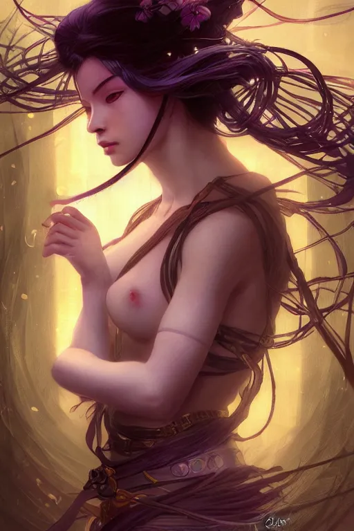 Prompt: beautiful female Ninja, mystery and gorgerous and magical and stunning portrait+shiny eyes+light flowing hair, in mudra and firefly night ruin tokyo temple, ultradetail face, art and illustration by tian zi and craig mullins and WLOP and alphonse mucha, rim lght, fantasy, intricate complexity, human structure, fantasy world concept, watermark, blurry, hyperrealism 8k